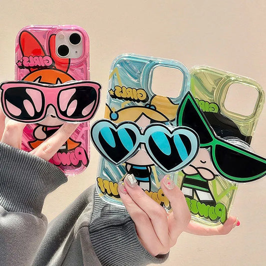 Lovely Powerpuff Girls Sunglasses Bracket Phone Case For iPhone 14 13 12 11 Pro Max Plus  Cover